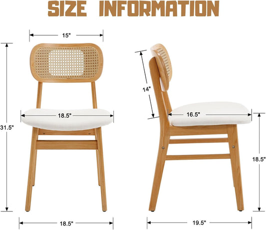 ROCITY Rattan Dining Chairs Set of 2 Beige Linen Fabric Dining Room Chairs Natural Wooden Kitchen Chairs Farmhouse Boho