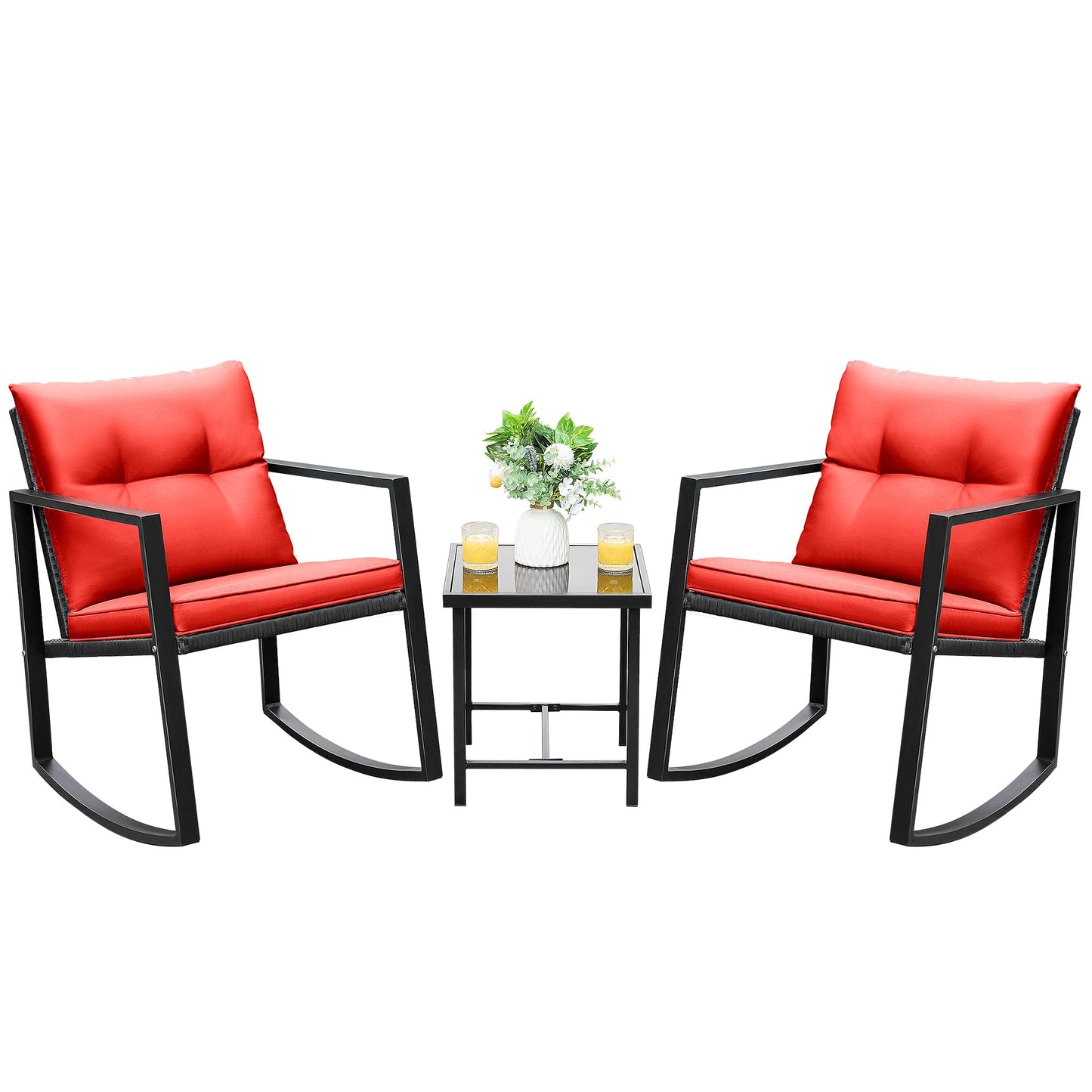 Devoko 3 Piece Rocking Bistro Set Wicker Patio Outdoor Furniture Porch Chairs Conversation Sets with Glass Coffee Table (Beige)