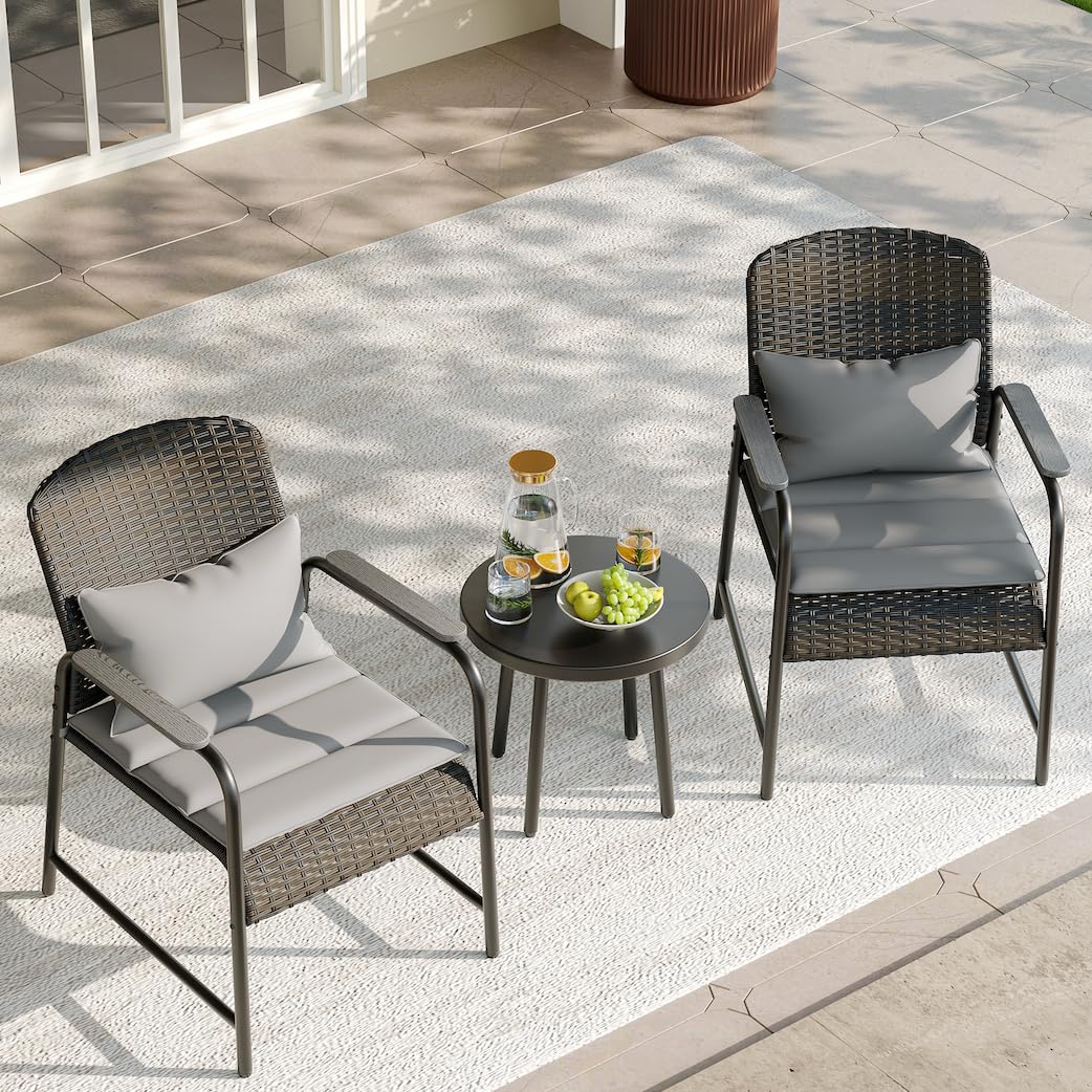 JOYURE 3 Pieces Outdoor Patio Furniture Set,All-Weather Wicker Rattan Bistro Set with Coffee Table and Cushions for Yard,Garden,Balcony,Beige