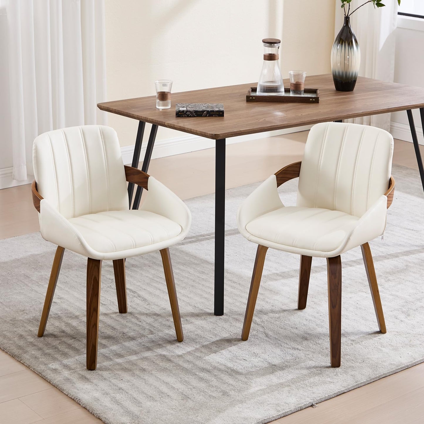 VipDesk Dining Chairs Set of 2, Mid Century Modern Dining Room Chairs with Arms and Rattan Back PU Leather Upholstered Bentwood Kitchen Chairs for Home Restaurant Office - Beige