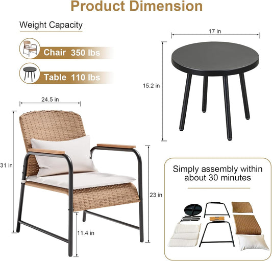 JOYURE 3 Pieces Outdoor Patio Furniture Set,All-Weather Wicker Rattan Bistro Set with Coffee Table and Cushions for Yard,Garden,Balcony,Beige
