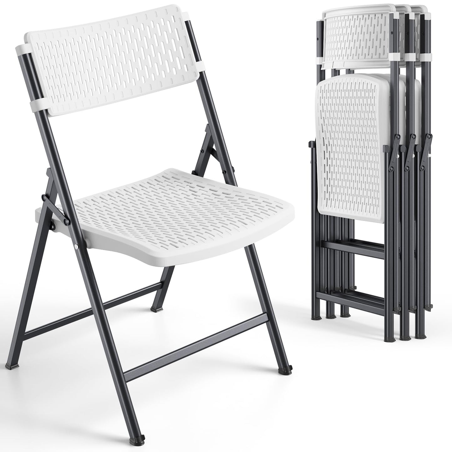 Black Folding Chairs 4-Pack, Breathable Plastic for Card Tables & Indoor Outdoor, Easy-Clean & Supports 400 Lbs