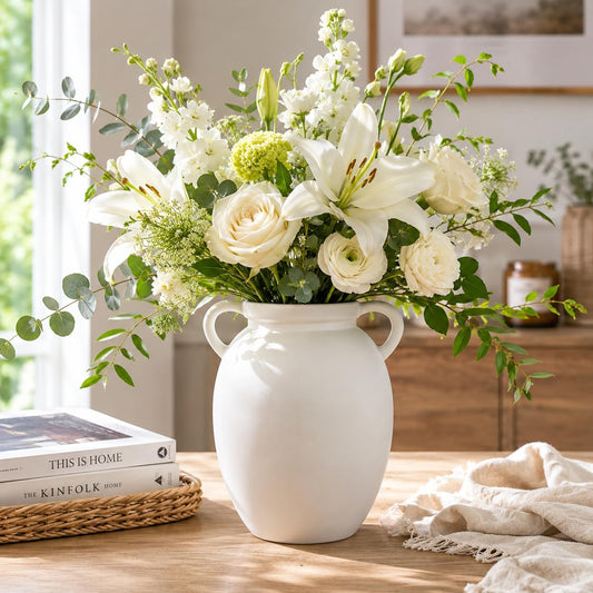 hjn Matte White Ceramic Vase, Nordic Farmhouse Jug Vase for Dried Pampas Grass & Fresh Flowers, Minimalist Boho Home Decor for Living Room Mantel Shelf Entryway(Round Shape-8''dx9''h)