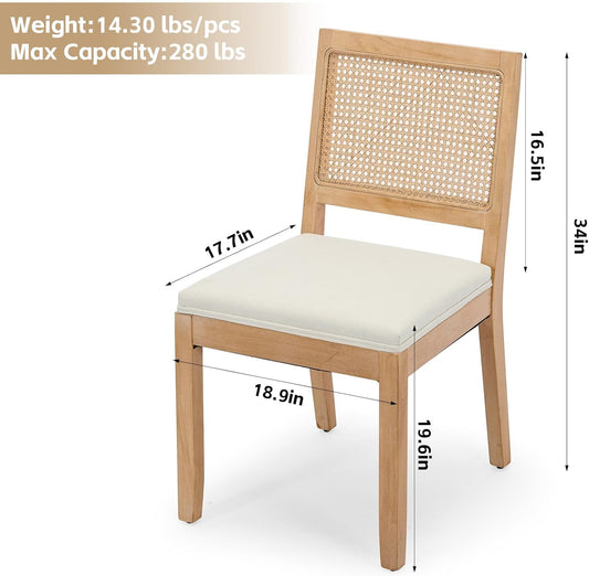 Rattan Dining Chairs Set of 4, French Country Cane Back Upholstered Kitchen Chairs, Solid Wood Farmhouse Side Chairs, Beige