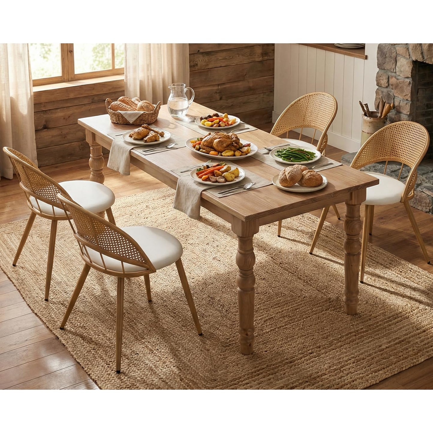 TYBOATLE Rattan Dinner Chairs Set of 4 with Faux Leather Cushion, Modern Dining Room Chairs w/Adjustable Foot Pads, Kitchen Boho Chairs Mid Century Upholstered, White