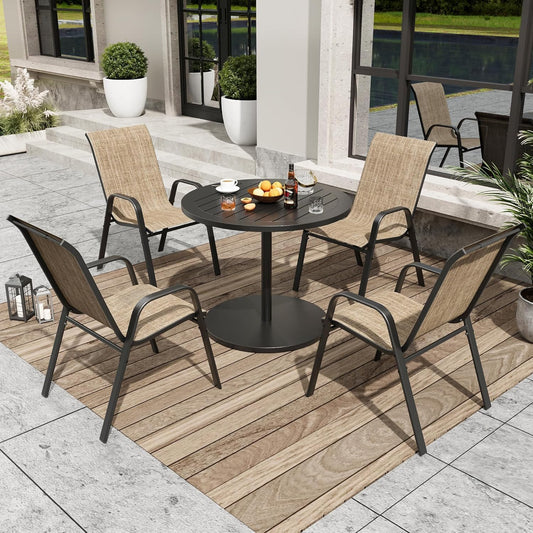Patio Dining Chairs Set of 4 Outdoor Stackable Dining Chairs for All Weather 350lbs Capacity Heavy Duty Textilene Fabric Rustproof Metal Frame Patio Furniture for Backyard Garden Poolside (Brown)