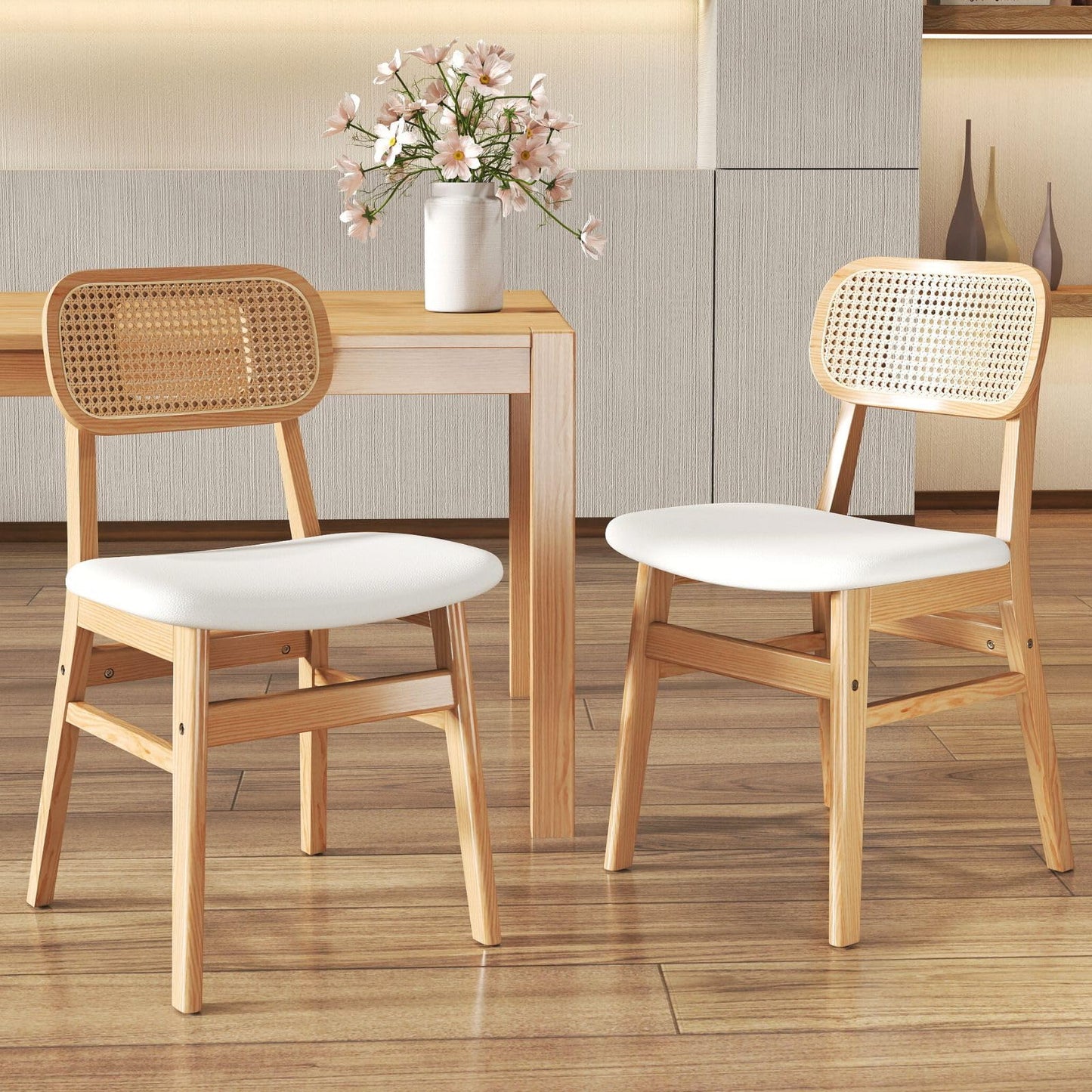 ROCITY Rattan Dining Chairs Set of 2 Beige Linen Fabric Dining Room Chairs Natural Wooden Kitchen Chairs Farmhouse Boho