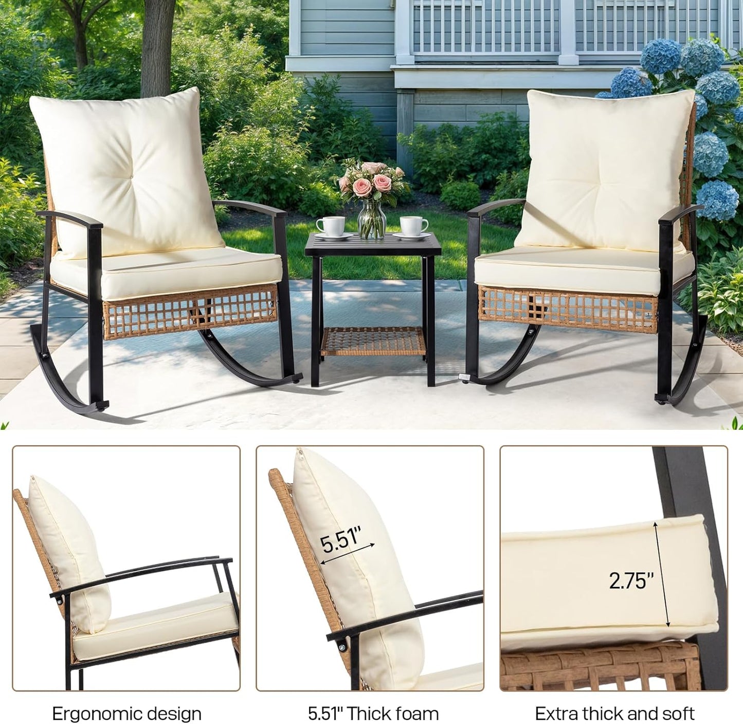 Outvita 3-Piece Outdoor Rocking Bistro Set, Patio Furniture Set w/Soft Thick Cushions & 2-Tier Coffee Table, Rattan Conversation Wicker Rocking Chairs for Garden, Balcony, Backyard, Poolside