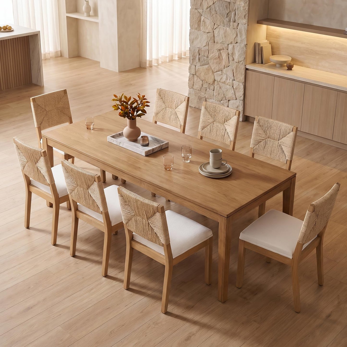 Farmhouse Dining Chairs Set of 6, French Country Rattan Kitchen & Dining Room Chairs, Cane Back Ivory Linen Upholstered Kitchen Chair, Solid Wood Frame, Sillas de Comedor (Beige, Rattan, 6 Pcs)