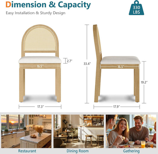 STHOUYN Upholstered Rattan Dining Chairs Set of 4, Farmhouse Solid Wood Dining Room Chair with Natural Rattan Woven Back and Chenille Seat, Mid-Century Modern Wooden Kitchen Chairs (4, Cream White)
