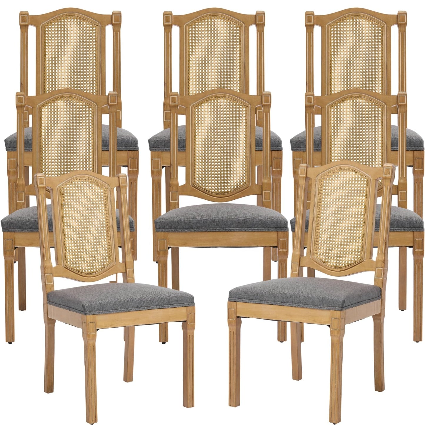 French Country Dining Chairs Set of 6, Ivory Boho Style Woven Back Kitchen Chairs, Linen Upholstered Seats with Wood Legs for Kitchen & Dining Room, Sillas de Comedor (Beige, 6Pcs)