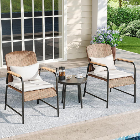 Jing's Villa 3-Piece Outdoor Bistro Set with Side Table, Ergonomic Armchairs with Lumbar Support & Breathable Mesh Seat, All-Weather Wicker Outdoor Furniture for Backyard, Porch, Balcony,Beige