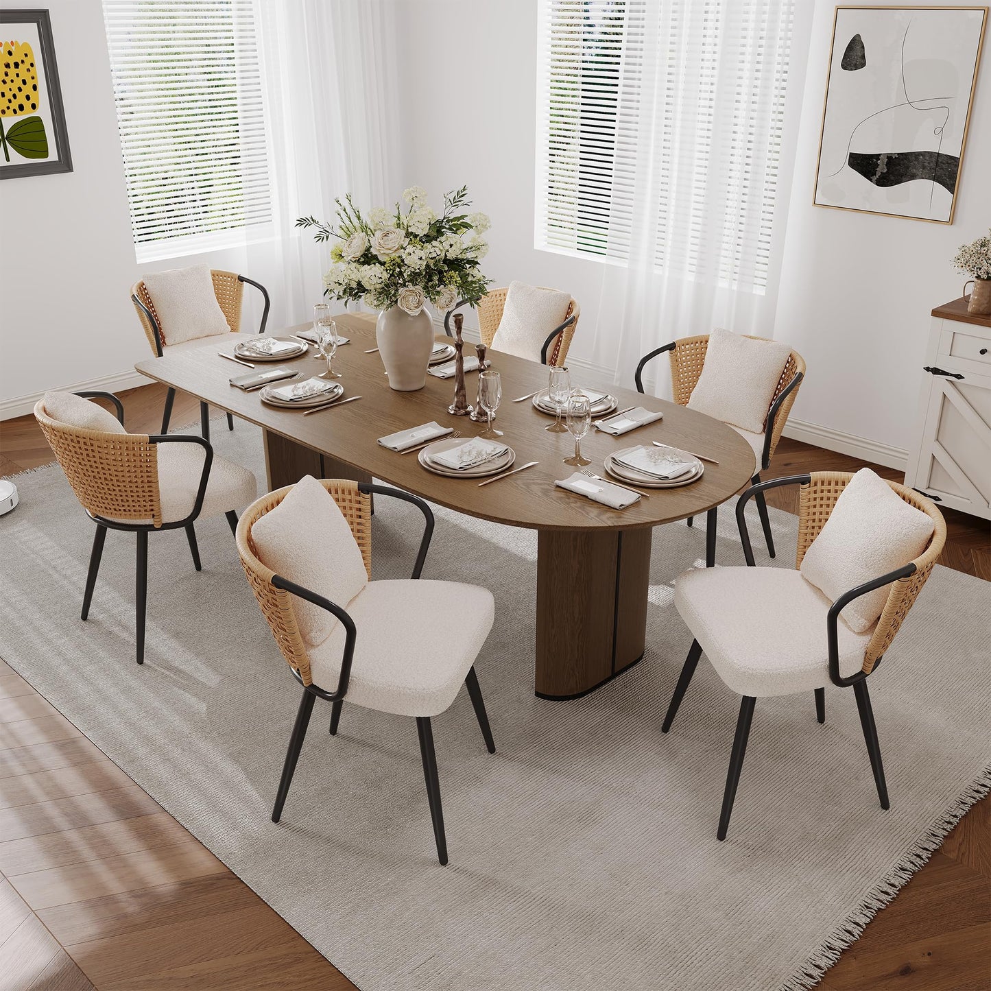 Rattan Dining Chairs Set of 2, Upholstered Kitchen Chair with Metal Legs, Ergonomic Curved Backrest, Mid Century Modern Living Room Chairs with Throw Pillow, Natural