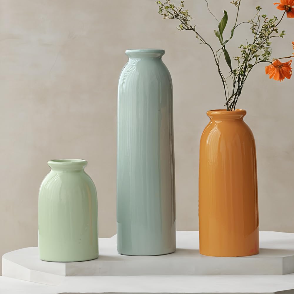 10.4" White Nordic Boho Ceramic Vase Set of 3 for Farmhouse Home Decor