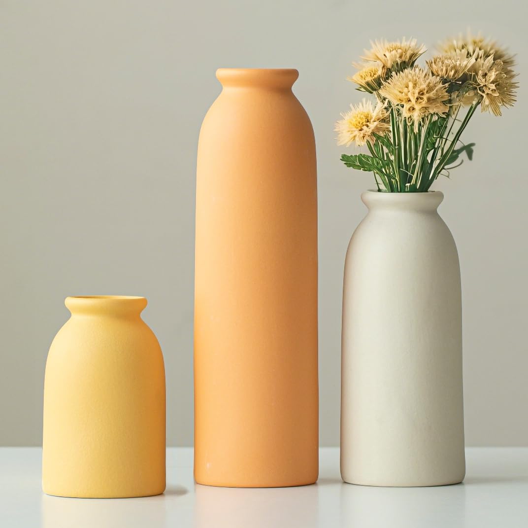 10.4" White Nordic Boho Ceramic Vase Set of 3 for Farmhouse Home Decor