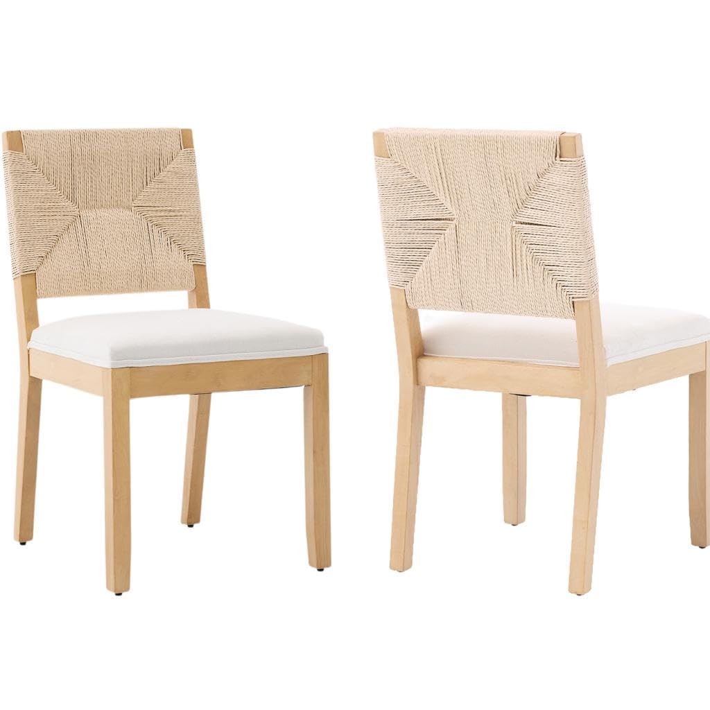 French Country Dining Chairs Set of 6, Ivory Boho Style Woven Back Kitchen Chairs, Linen Upholstered Seats with Wood Legs for Kitchen & Dining Room, Sillas de Comedor (Beige, 6Pcs)