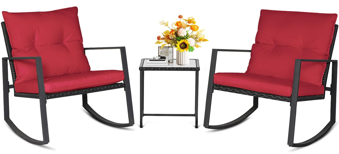 SUNCROWN 3 Piece Outdoor Rocking Bistro Set Black Wicker Furniture Porch Chairs Conversation Sets with Glass Coffee Table, Beige