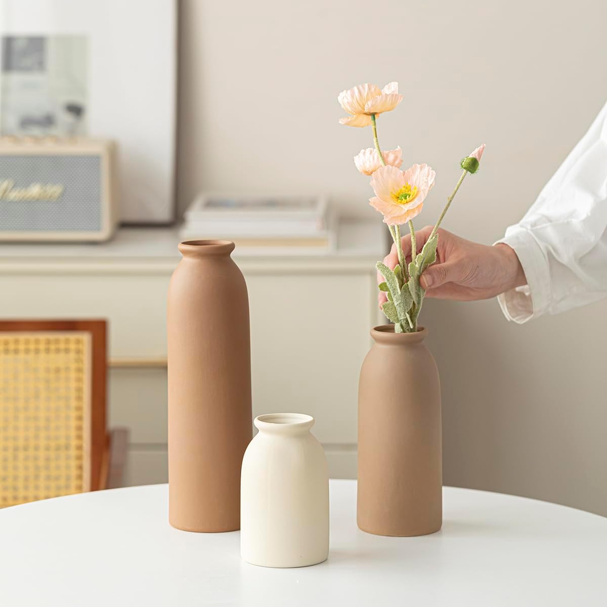 10.4" White Nordic Boho Ceramic Vase Set of 3 for Farmhouse Home Decor