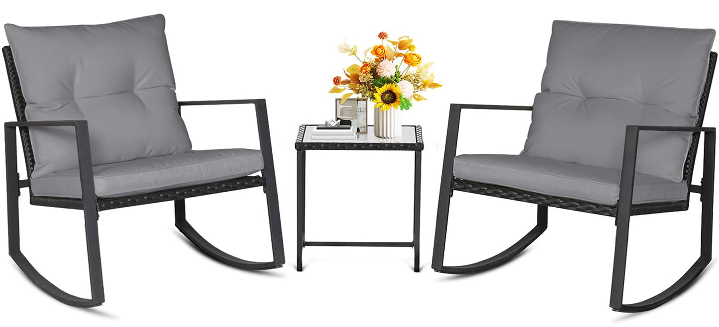 SUNCROWN 3 Piece Outdoor Rocking Bistro Set Black Wicker Furniture Porch Chairs Conversation Sets with Glass Coffee Table, Beige
