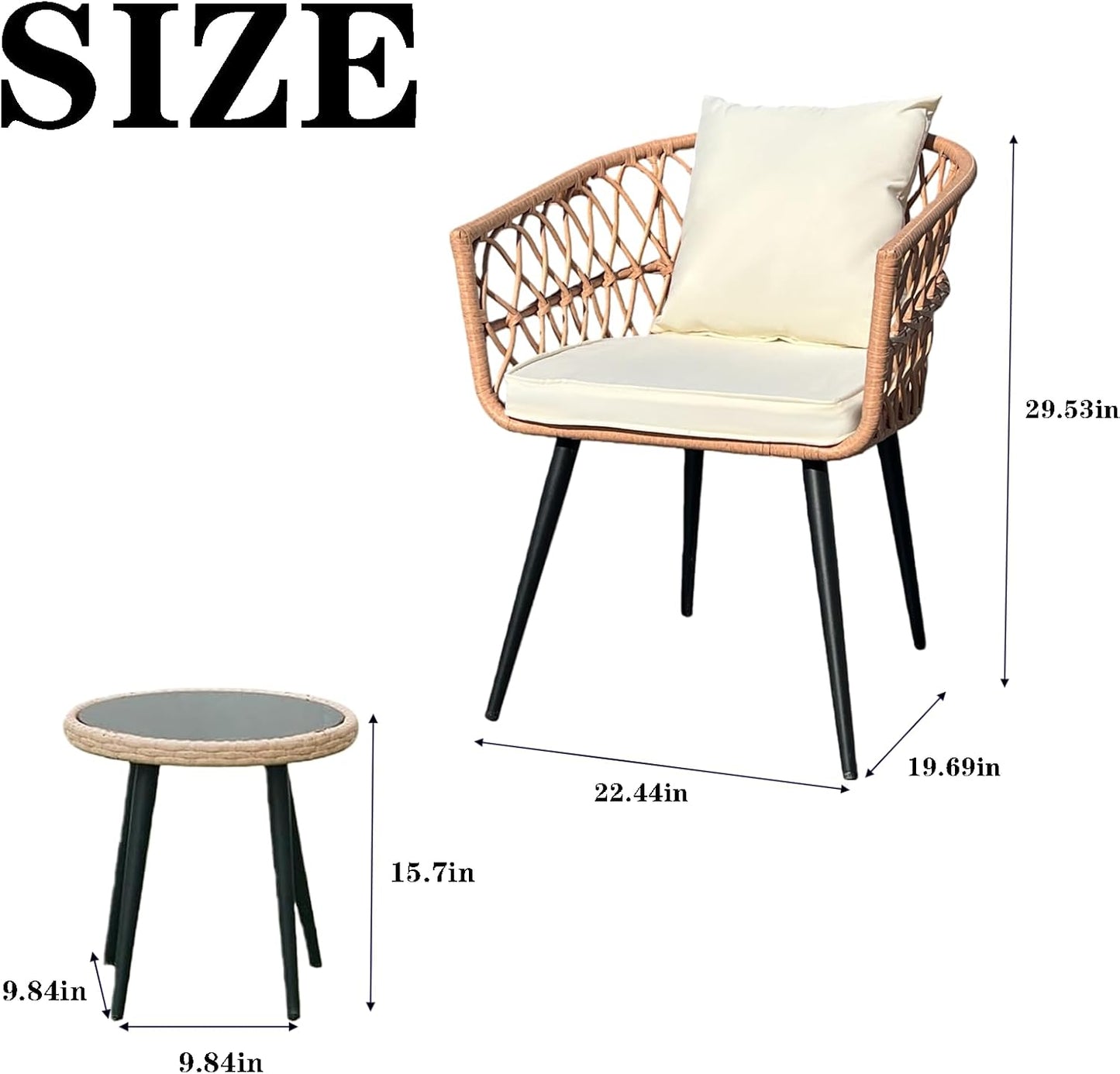 3 Piece Outdoor Bistro Set, All-Weather Wicker Patio Furniture Set, for Backyard, Balcony and Deck with Soft Cushions, Glass Side Table(Beige)
