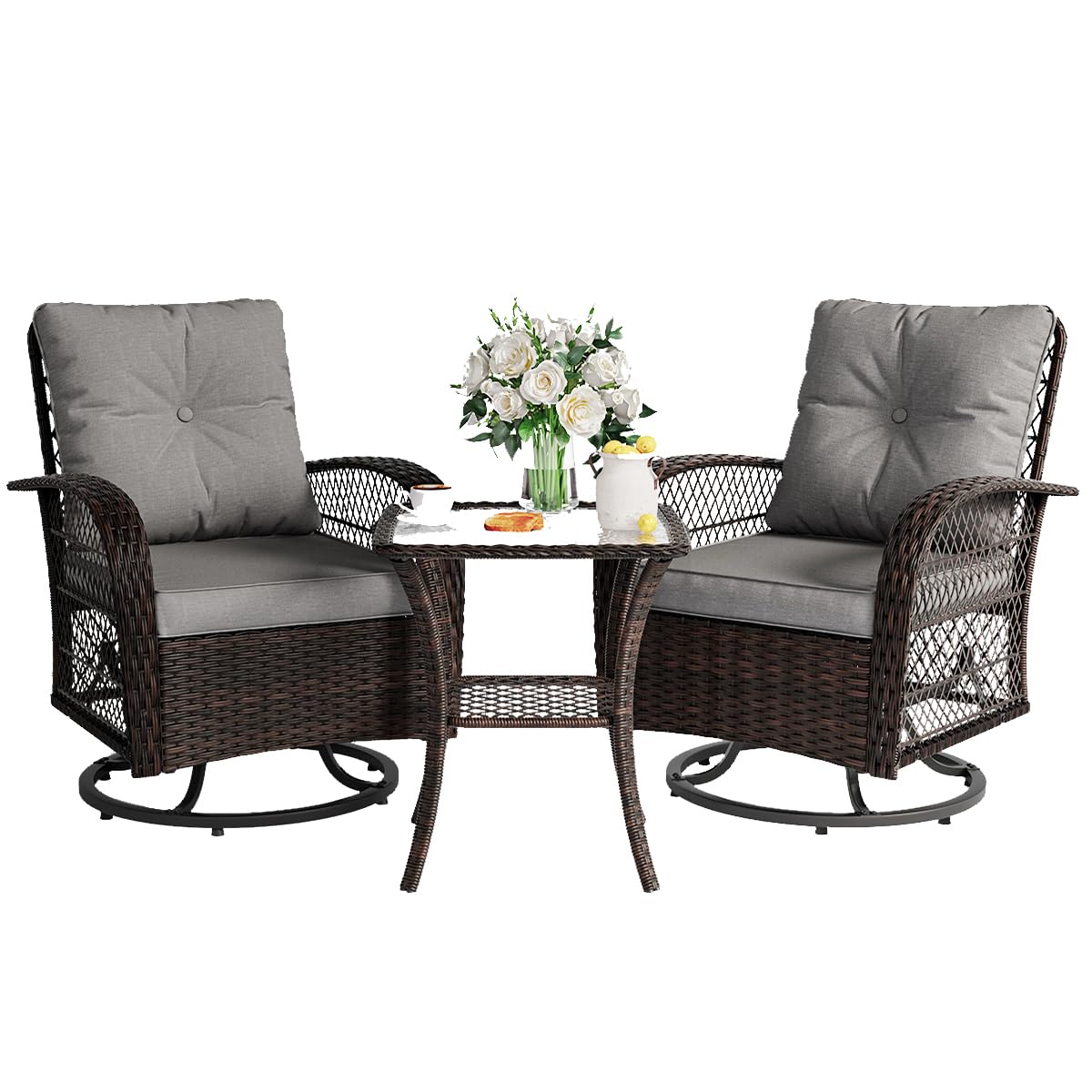 3 Pieces Patio Furniture Set, Outdoor Swivel Glider Rocker, Wicker Patio Bistro Set with Rocking Chair, Thickened Cushions and Table for Porch (Blue)