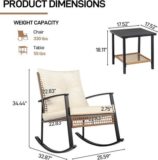 Outvita 3-Piece Outdoor Rocking Bistro Set, Patio Furniture Set w/Soft Thick Cushions & 2-Tier Coffee Table, Rattan Conversation Wicker Rocking Chairs for Garden, Balcony, Backyard, Poolside