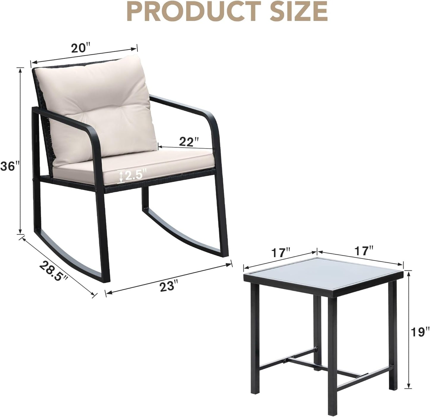 Devoko 3 Piece Rocking Bistro Set Wicker Patio Outdoor Furniture Porch Chairs Conversation Sets with Glass Coffee Table (Beige)