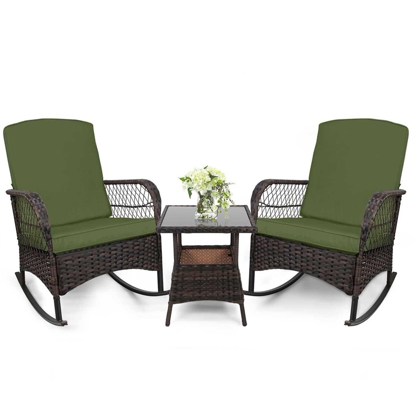 LEVELEVE 3 pcs Rocking Bistro Set Conversation Chairs PE Wicker Outdoor Rocking Chairs(Rocking Set,Sand)