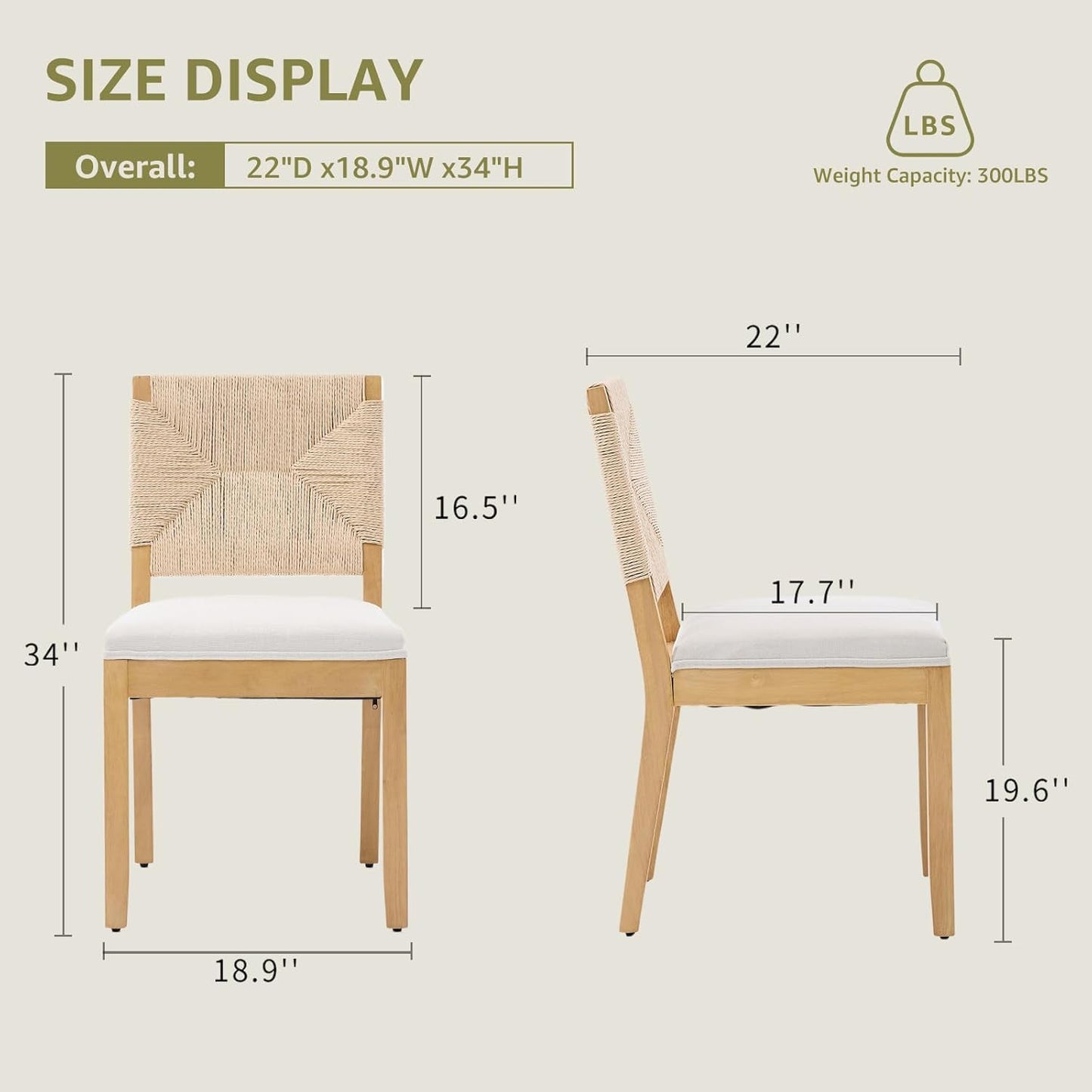 Farmhouse Dining Chairs Set of 4, French Country Woven Kitchen & Dining Room Chairs, Boho Woven Back Linen Upholstered Kitchen Chair, Solid Wood Frame, Sillas de Comedor (Beige, Woven, 4 Pcs)