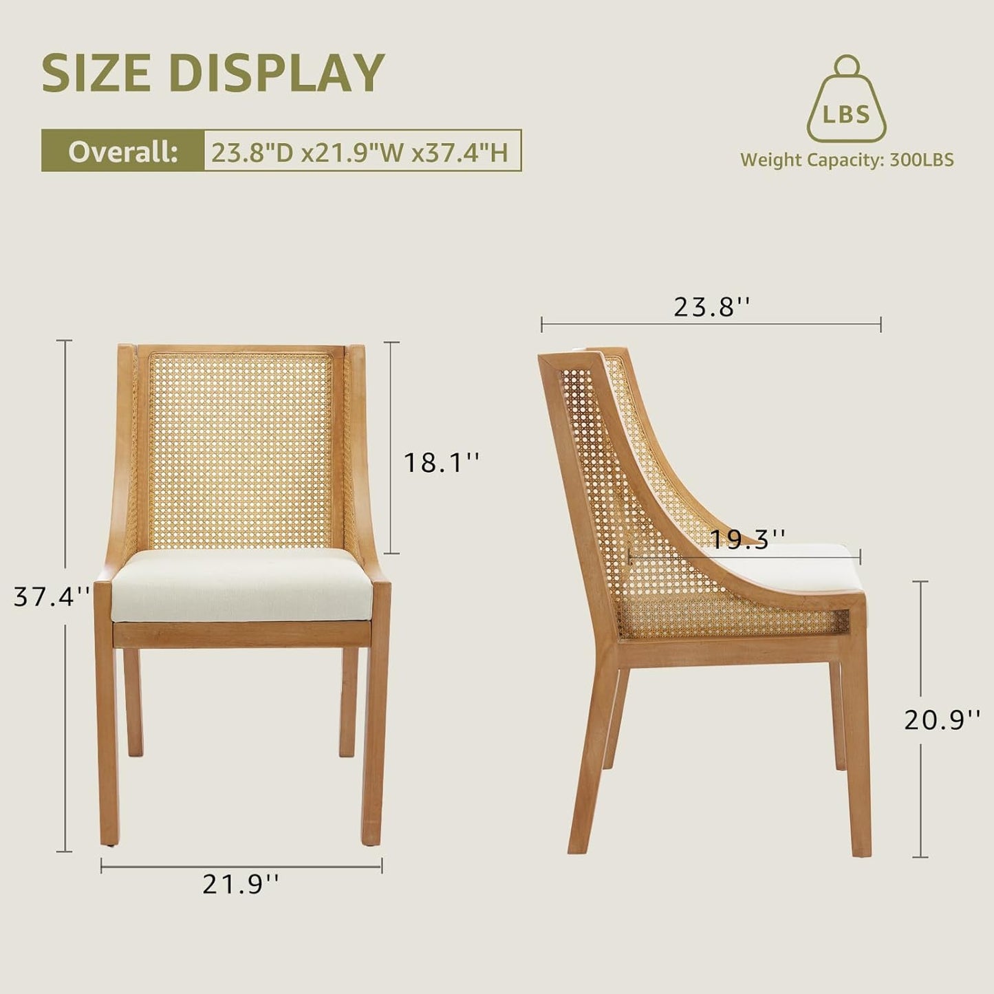 Farmhouse Dining Chairs Set of 6, French Country Rattan Kitchen & Dining Room Chairs, Cane Back Ivory Linen Upholstered Kitchen Chair, Solid Wood Frame, Sillas de Comedor (Beige, Rattan, 6 Pcs)