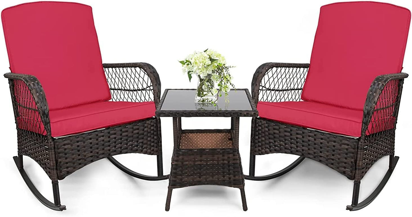 LEVELEVE 3 pcs Rocking Bistro Set Conversation Chairs PE Wicker Outdoor Rocking Chairs(Rocking Set,Sand)