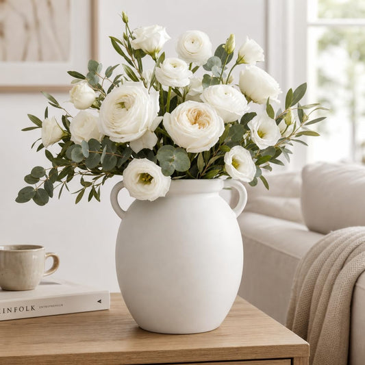 hjn Matte White Ceramic Vase, Nordic Farmhouse Jug Vase for Dried Pampas Grass & Fresh Flowers, Minimalist Boho Home Decor for Living Room Mantel Shelf Entryway(Round Shape-8''dx9''h)