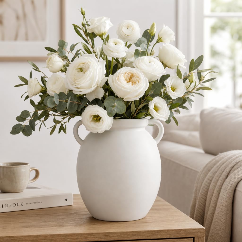 hjn Matte White Ceramic Vase, Nordic Farmhouse Jug Vase for Dried Pampas Grass & Fresh Flowers, Minimalist Boho Home Decor for Living Room Mantel Shelf Entryway(Round Shape-8''dx9''h)