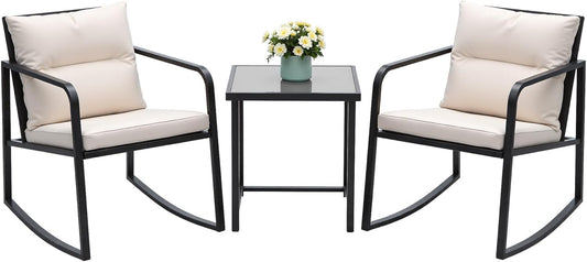 Devoko 3 Piece Rocking Bistro Set Wicker Patio Outdoor Furniture Porch Chairs Conversation Sets with Glass Coffee Table (Beige)