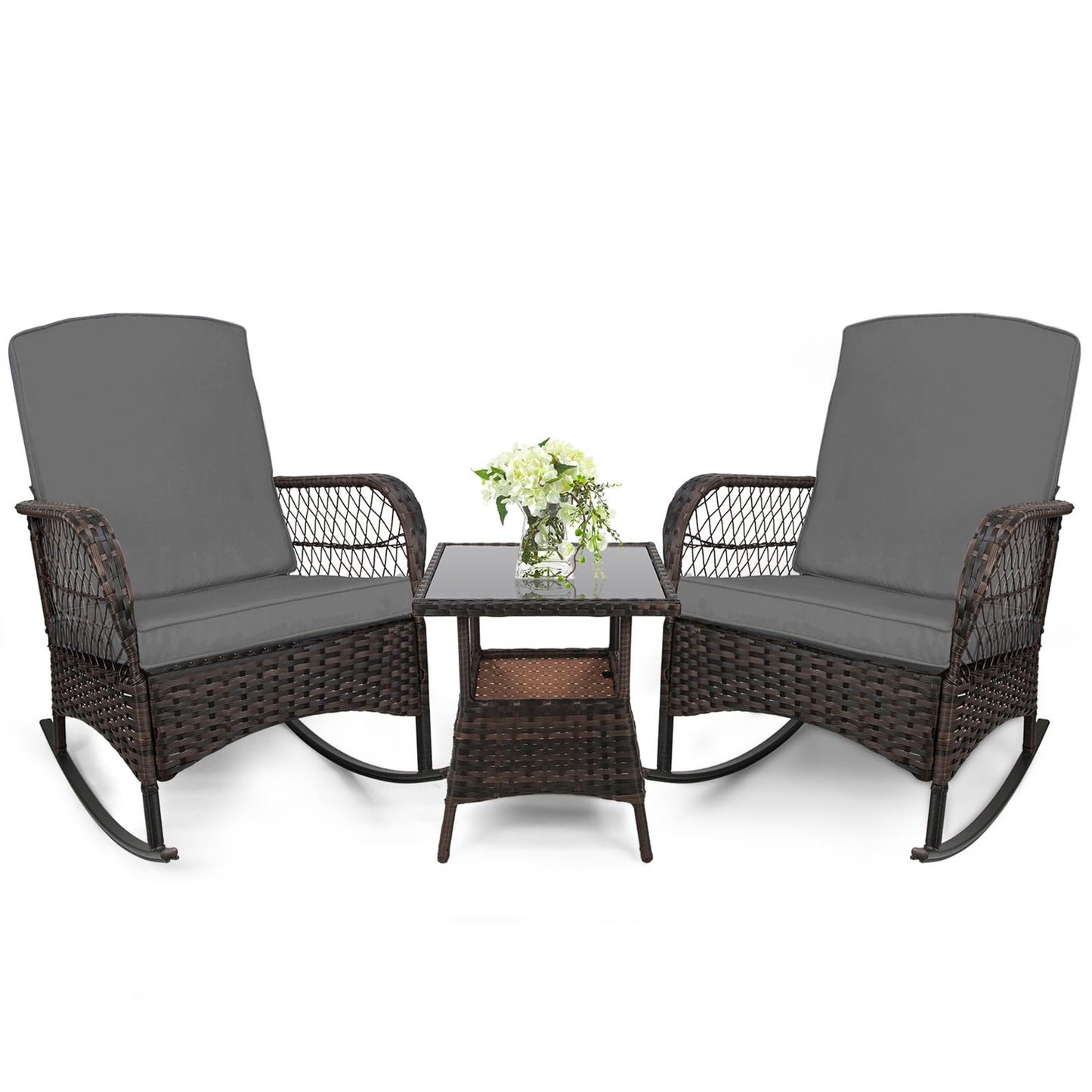 LEVELEVE 3 pcs Rocking Bistro Set Conversation Chairs PE Wicker Outdoor Rocking Chairs(Rocking Set,Sand)