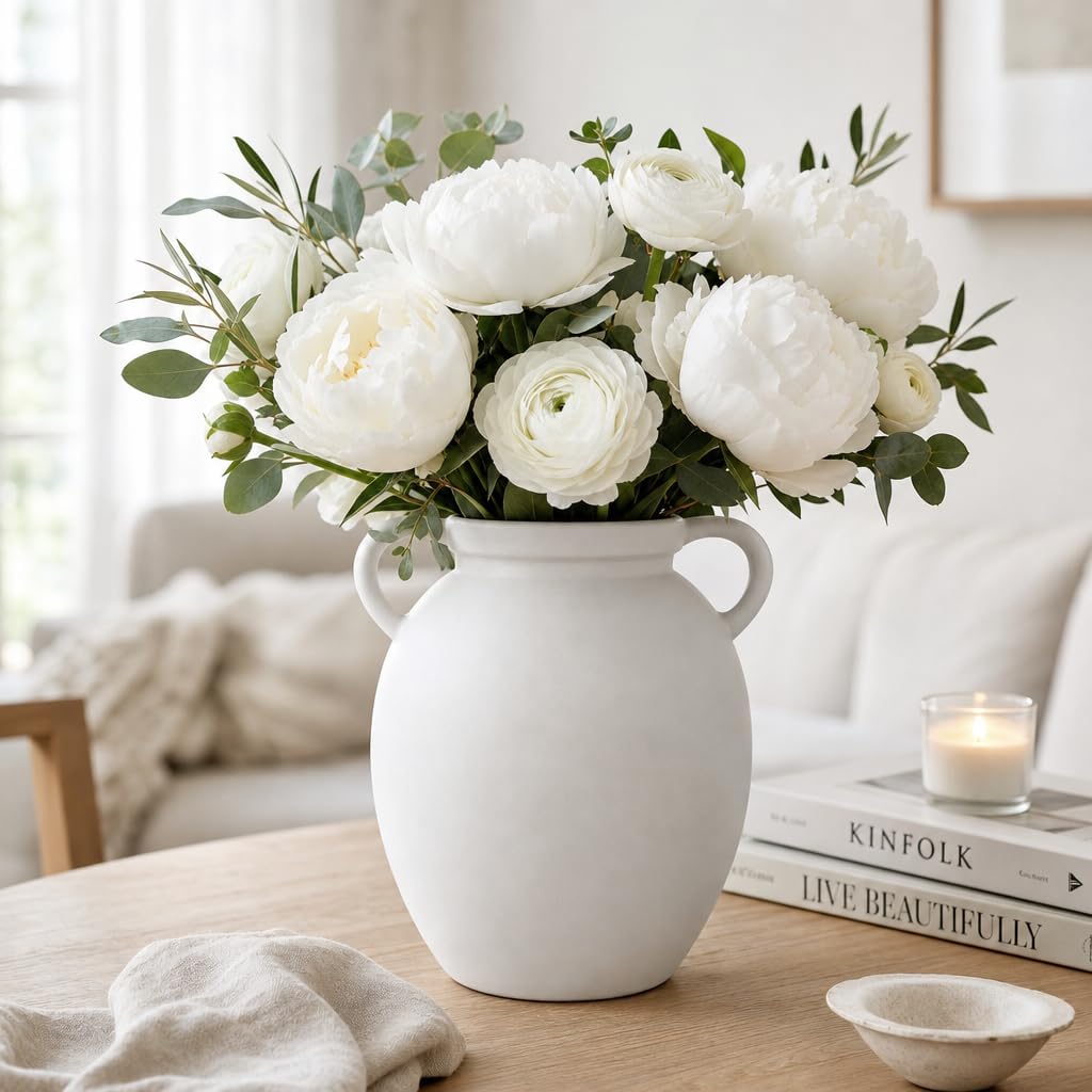 hjn Matte White Ceramic Vase, Nordic Farmhouse Jug Vase for Dried Pampas Grass & Fresh Flowers, Minimalist Boho Home Decor for Living Room Mantel Shelf Entryway(Round Shape-8''dx9''h)