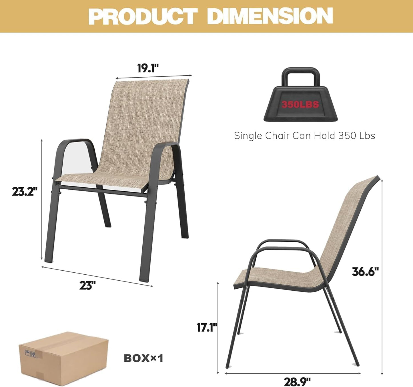 Patio Dining Chairs Set of 4 Outdoor Stackable Dining Chairs for All Weather 350lbs Capacity Heavy Duty Textilene Fabric Rustproof Metal Frame Patio Furniture for Backyard Garden Poolside (Brown)