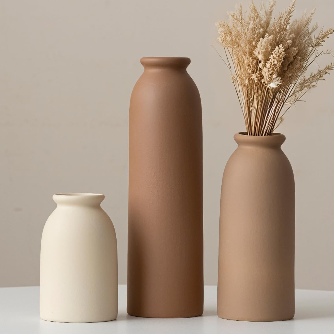 10.4" White Nordic Boho Ceramic Vase Set of 3 for Farmhouse Home Decor
