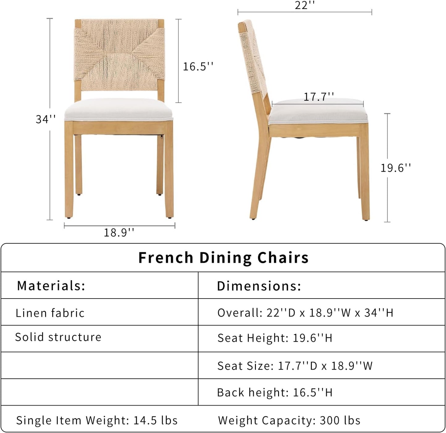 French Country Dining Chairs Set of 6, Ivory Boho Style Woven Back Kitchen Chairs, Linen Upholstered Seats with Wood Legs for Kitchen & Dining Room, Sillas de Comedor (Beige, 6Pcs)