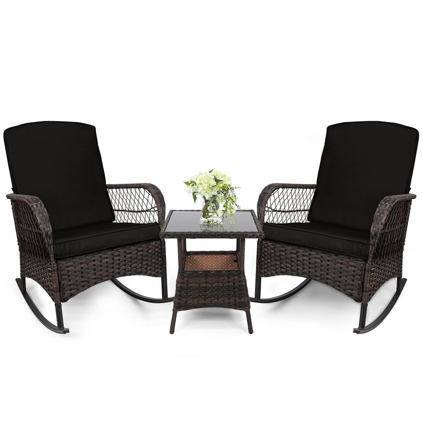 LEVELEVE 3 pcs Rocking Bistro Set Conversation Chairs PE Wicker Outdoor Rocking Chairs(Rocking Set,Sand)