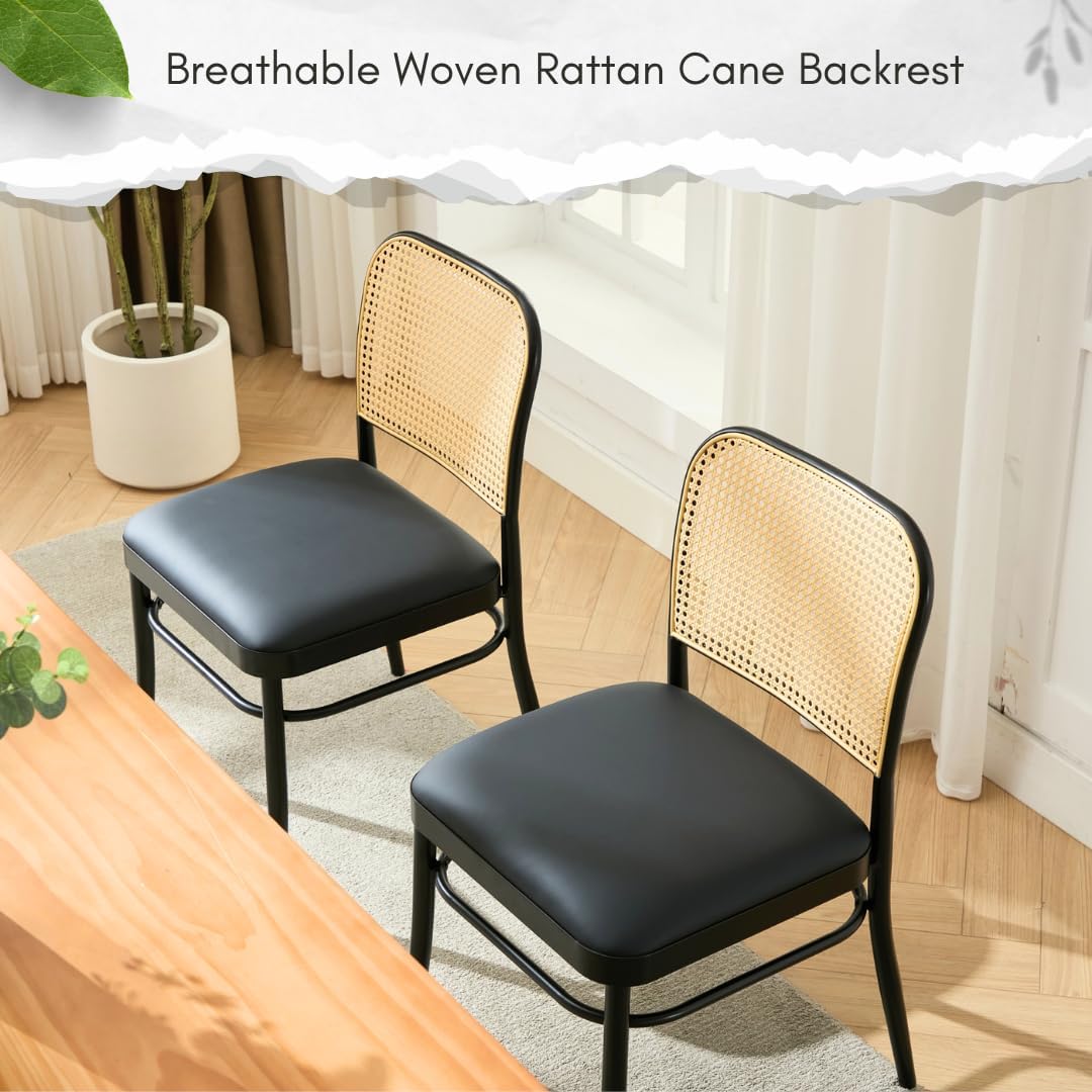 Rattan Dining Chairs Set of 4, Upholstered Faux Leather Dining Chairs with Cane Back, Mid Century Modern Kitchen & Dining Room Chairs, Boho Style, Black