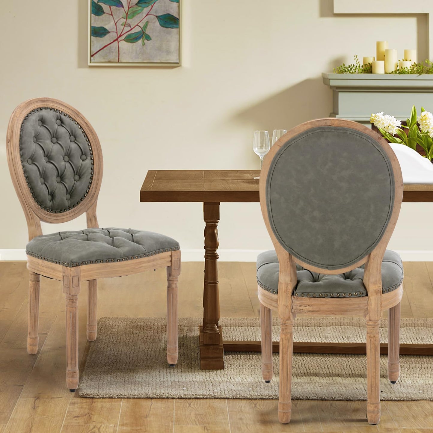Rattan Dining Chairs Set of 4, French Country Cane Back Upholstered Kitchen Chairs, Solid Wood Farmhouse Side Chairs, Beige