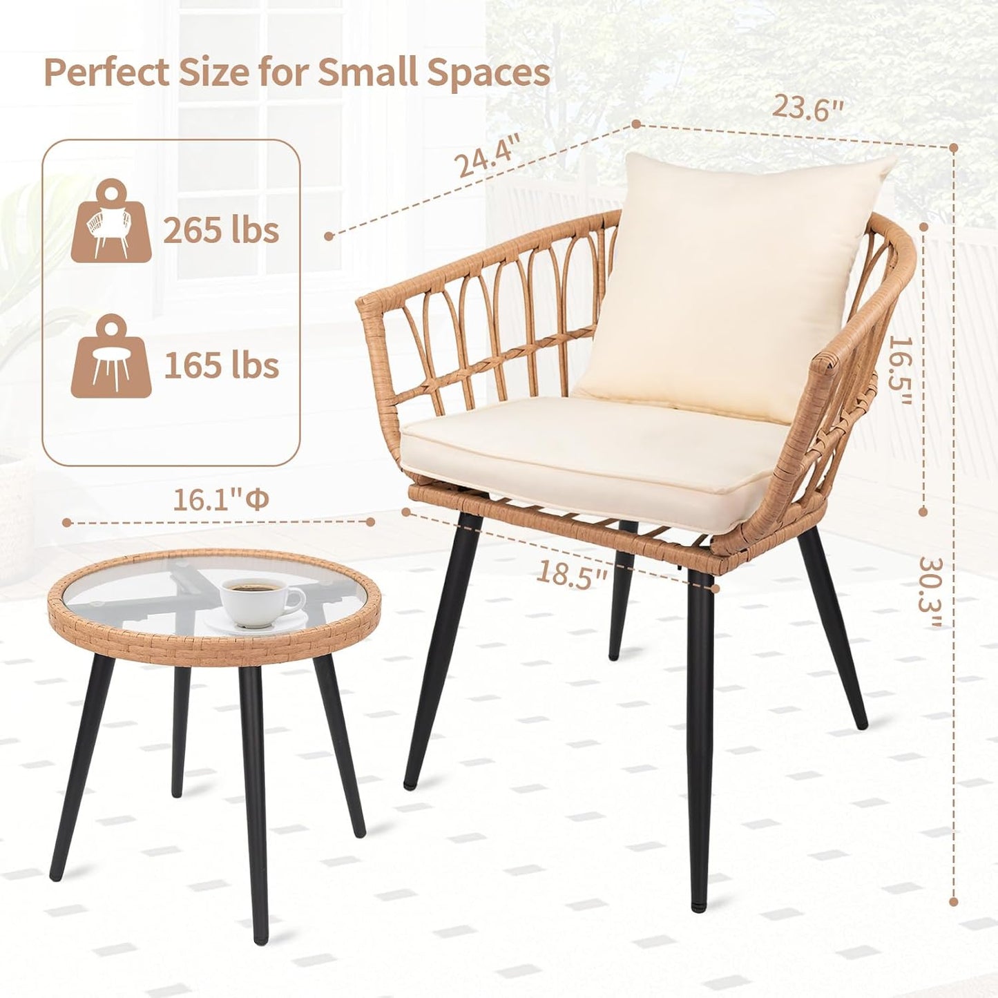 3 Piece Patio Furniture Set, All-Weather Wicker Outdoor Furniture, Steel Frame Balcony Set with Glass Table, Patio Set for Porch Backyard