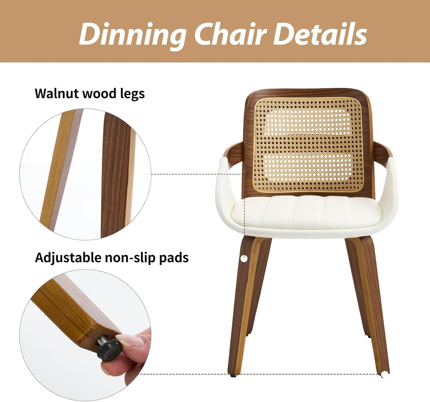 VipDesk Dining Chairs Set of 2, Mid Century Modern Dining Room Chairs with Arms and Rattan Back PU Leather Upholstered Bentwood Kitchen Chairs for Home Restaurant Office - Beige