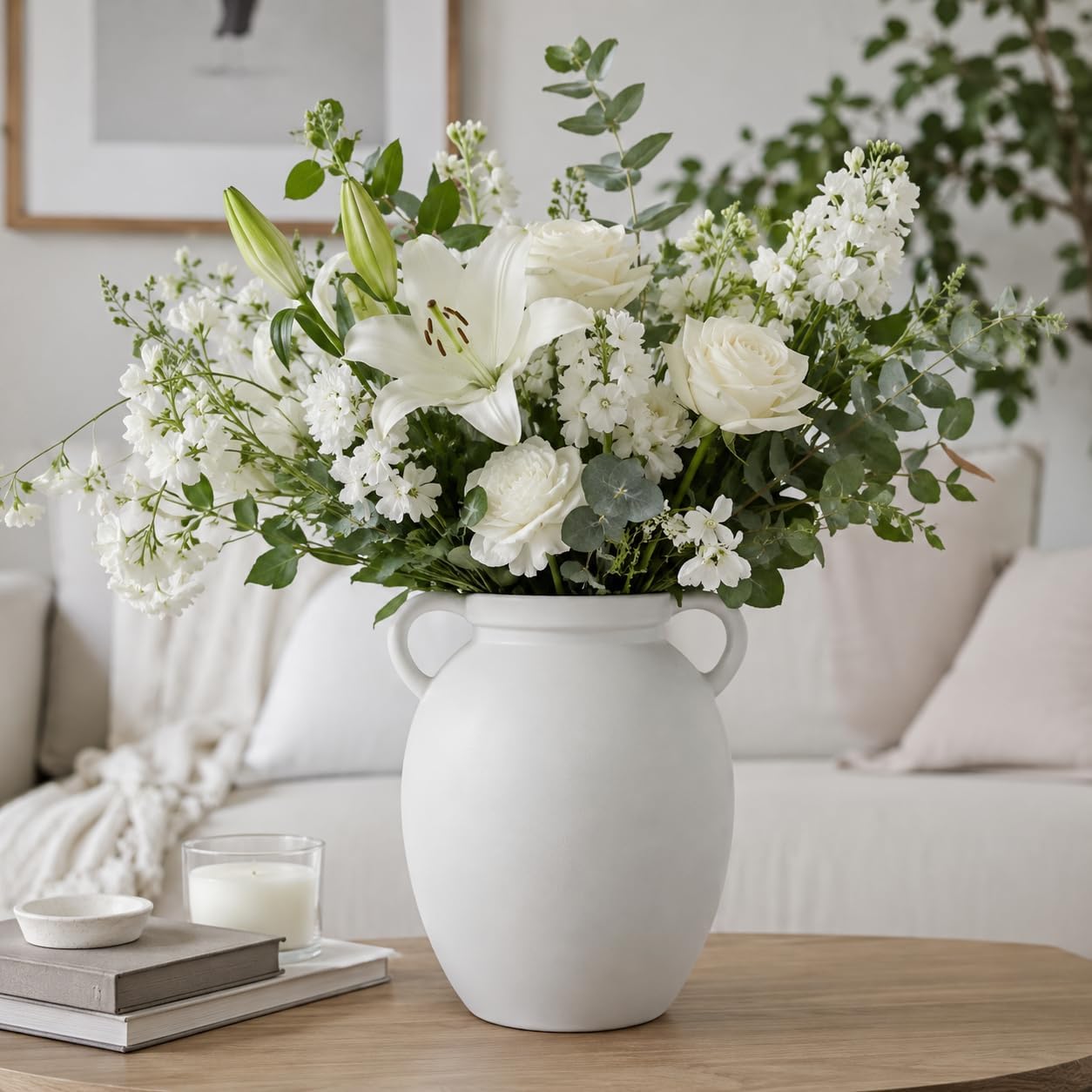 hjn Matte White Ceramic Vase, Nordic Farmhouse Jug Vase for Dried Pampas Grass & Fresh Flowers, Minimalist Boho Home Decor for Living Room Mantel Shelf Entryway(Round Shape-8''dx9''h)
