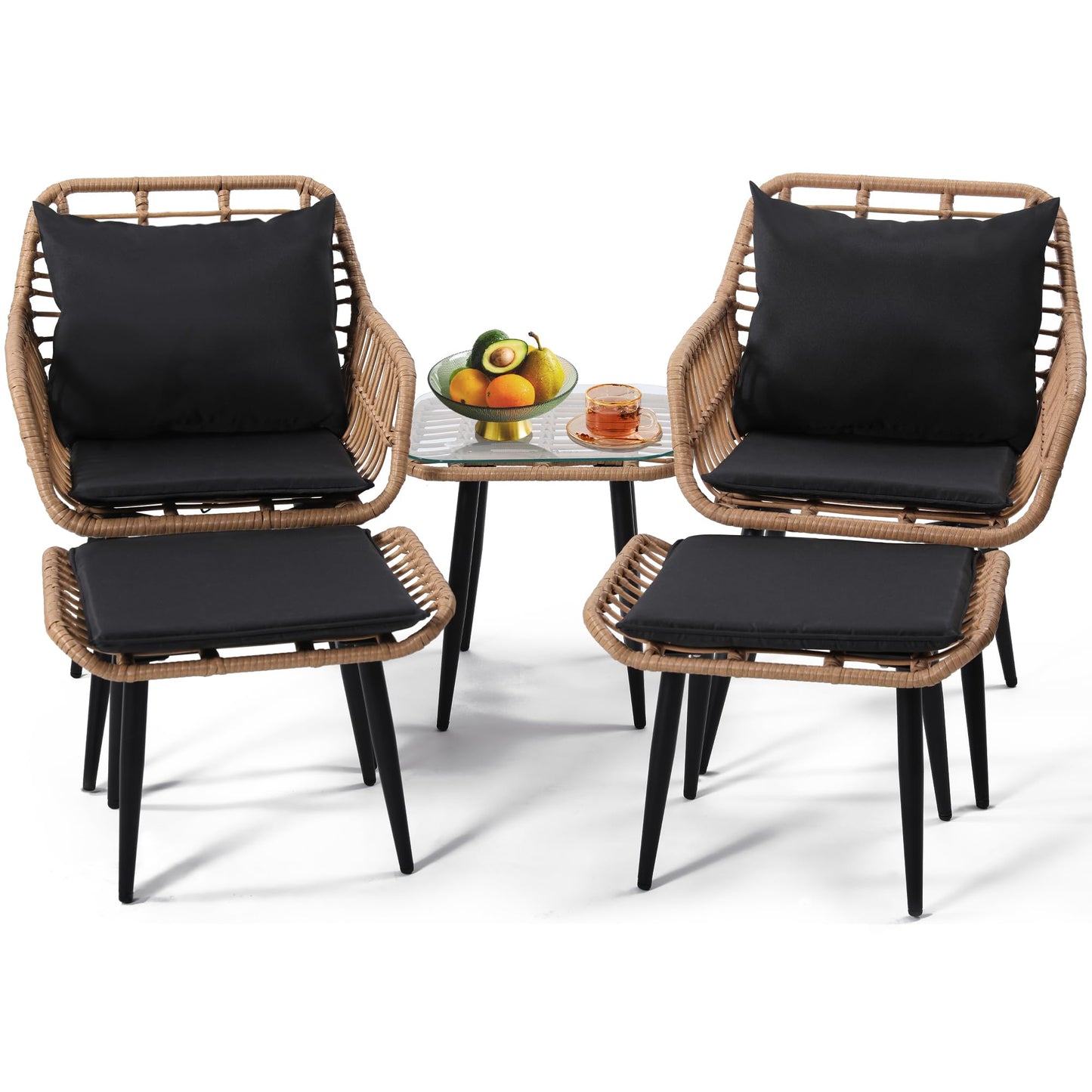 KROFEM 3 Piece Wicker Patio Bistro Furniture Set, Includes 2 Rattan Chairs and Glass Top Table, Ideal for Porch, Outdoor, Backyard, Apartment, Balcony, Natural