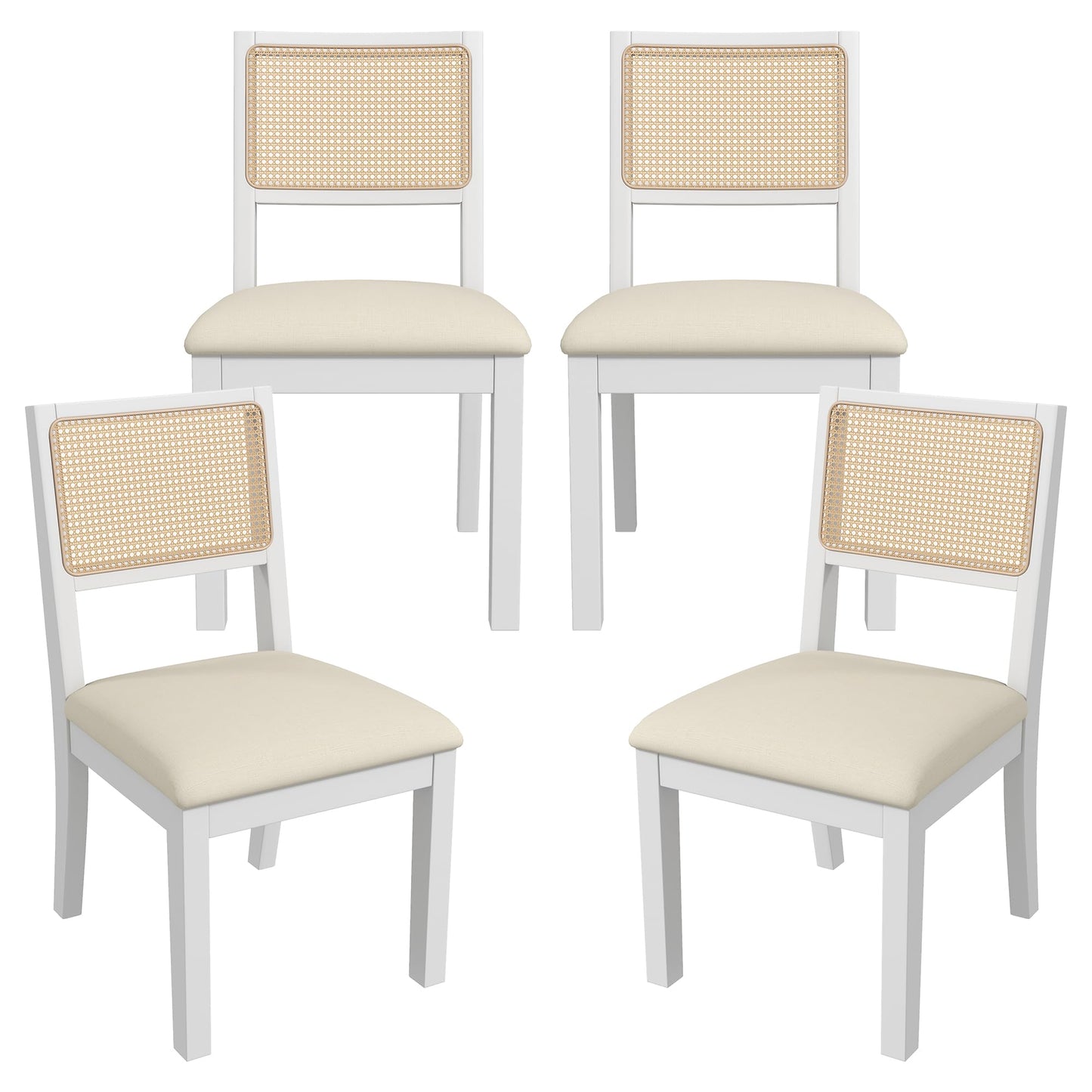 Westice Rattan Dining Chairs Set of 4, Farmhouse Natural Dining Room Chairs with Upholstered Cushion, Wood Armless Chairs for Kitchen/Restaurant