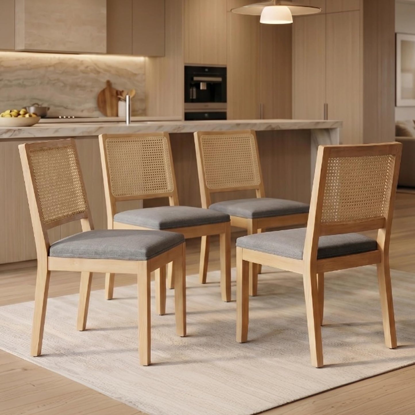 Farmhouse Dining Chairs Set of 6, French Country Rattan Kitchen & Dining Room Chairs, Cane Back Ivory Linen Upholstered Kitchen Chair, Solid Wood Frame, Sillas de Comedor (Beige, Rattan, 6 Pcs)