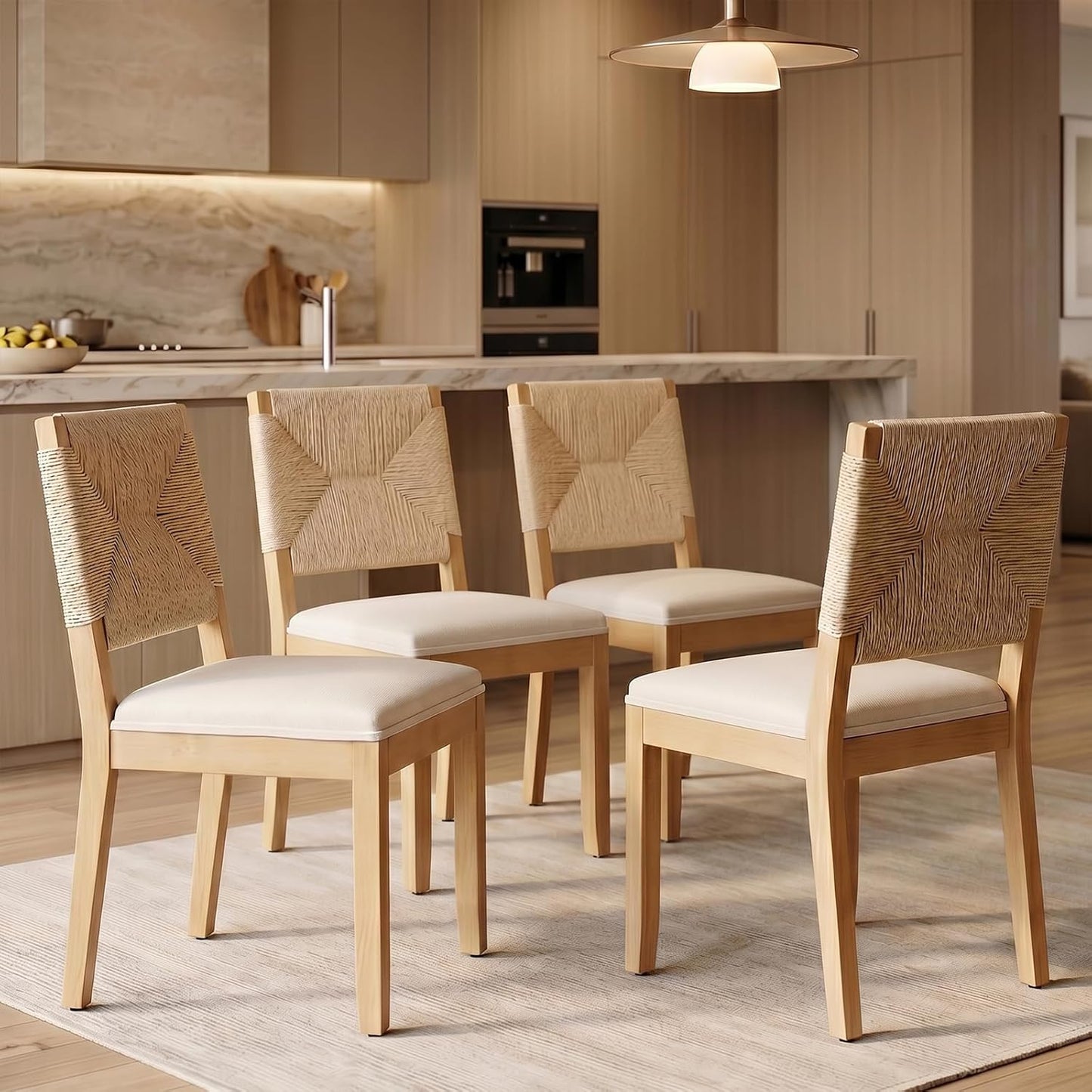 Farmhouse Dining Chairs Set of 4, French Country Woven Kitchen & Dining Room Chairs, Boho Woven Back Linen Upholstered Kitchen Chair, Solid Wood Frame, Sillas de Comedor (Beige, Woven, 4 Pcs)