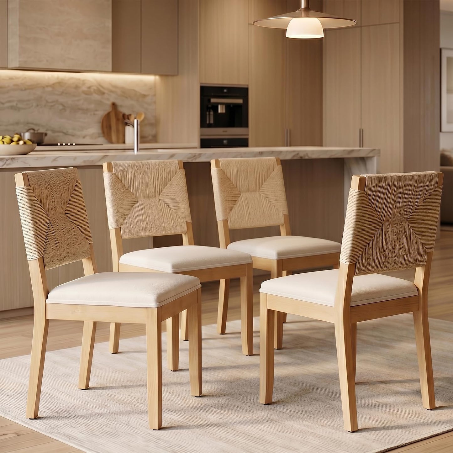Farmhouse Dining Chairs Set of 6, French Country Rattan Kitchen & Dining Room Chairs, Cane Back Ivory Linen Upholstered Kitchen Chair, Solid Wood Frame, Sillas de Comedor (Beige, Rattan, 6 Pcs)